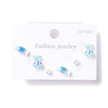 Bling Bear & Candy & Round Resin Stud Earrings Set for Girl Women, with 925 Sterling Silver Plated Pins, Sky Blue, 4~9x4~11x4~4.5mm, Pin: 0.7mm, 3 pairs/set