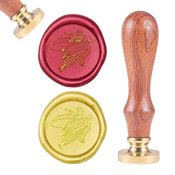 Brass Wax Seal Stamp, with Natural Rosewood Handle, for DIY Scrapbooking, Golden, Corn Pattern, Stamp: 25mm, Handle: 83x22mm, Head: 7.5mm