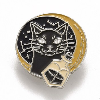 Flat Round with Cat Enamel Pin, Halloween Alloy Badge for Backpack Clothes, Platinum, Black, 30x27x1.5mm, Pin: 1.2mm