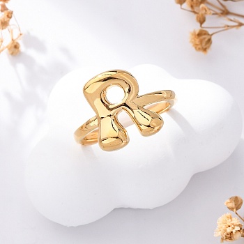 304 Stainless Steel Open Cuff Rings for Women, Letter, Real 18K Gold Plated, Letter R, 13~14x7~15mm