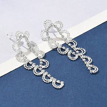 Brass Rhinestones Stud Earrings, Lace, Silver, 48x17.5mm