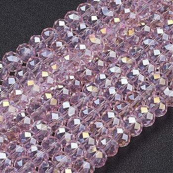 Electroplate Glass Beads Strands, AB Color Plated, Faceted, Rondelle, Pink, 10x7mm, Hole: 1.4mm, about 70~72pcs/strand