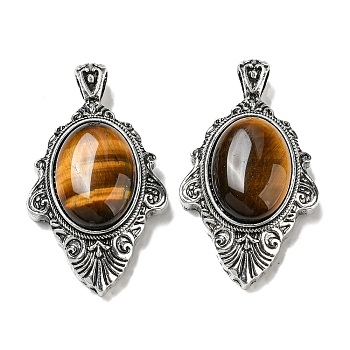Natural Tiger Eye Big Pendants, Antique Silver Plated Alloy Oval Charms, 55x31.5x13mm, Hole: 7x5mm
