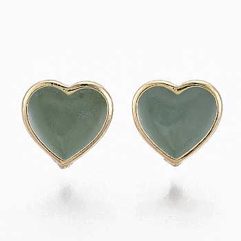 Alloy Enamel Stud Earring Findings, with Loop and Cupronickel Pin, Heart, Golden, Dark Sea Green, 9x9mm, Hole: 3mm, Pin: 0.7mm