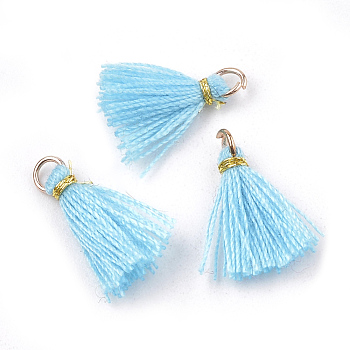 Polycotton(Polyester Cotton) Tassel Pendant Decorations, Mini Tassel, with Iron Findings and Metallic Cord, Light Gold, Light Sky Blue, 10~15x2~3mm, Hole: 1.5mm