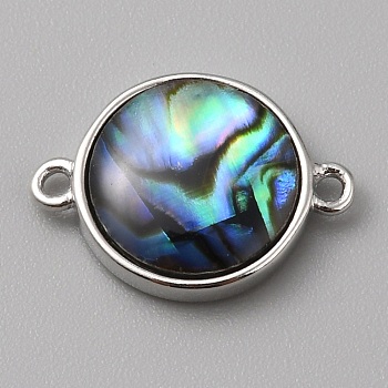 Paua Shell Connector Charms, with Brass Findings, Flat Round Links, Platinum, 10x13x3mm, Hole: 1mm