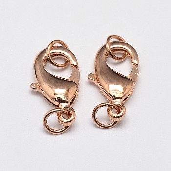 Rack Plating and Vacuum Plating Brass Lobster Claw Clasps for Jewelry Necklace Bracelet Making, with Two Jump Rings, Cadmium Free & Lead Free, Rose Gold, 12x7x3mm, Hole: 3mm