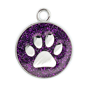 Enamel Charms, with Platinum Plated Alloy Findings and Glitter Powder, Flat Round with Dog Paw Prints, Purple, 23x19x2.1mm, Hole: 2.1mm