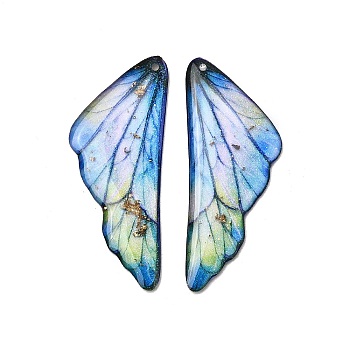 2Pcs Transparent Epoxy Resin Pendants, Wing, with Gold Foil, Cornflower Blue, 41x16.5x2mm, Hole: 1.2mm