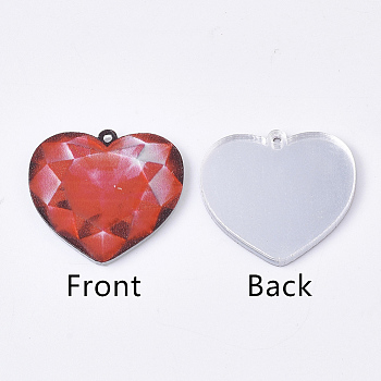 Acrylic Pendants, PVC Printed on the Front, Film and Mirror Effect on the Back, Heart, Red, 20x22x2mm, Hole: 1mm