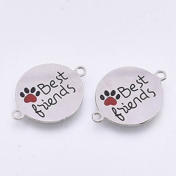 304 Stainless Steel Links, with Enamel, Love Pet Theme, Flat Round with Word Best Friends, Stainless Steel Color, 21x15.5x0.7mm, Hole: 1.4mm