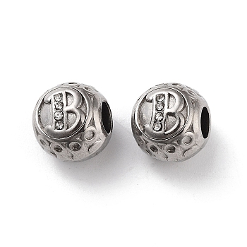 304 Stainless Steel Rhinestone European Beads, Round Large Hole Beads, Real 18K Gold Plated, Round with Letter, Letter B, 11x10mm, Hole: 4mm
