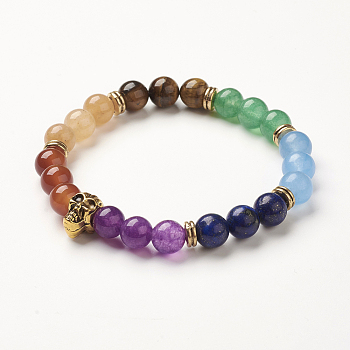 Yoga Chakra Jewelry, Natural Mixed Gemstone Beads Stretch Bracelets, Skull, 2-1/4 inch(58mm)