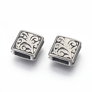 304 Stainless Steel Beads, Grooved Square, Antique Silver, 10x10x4mm, Hole: 2.5x6mm(STAS-E446-22AS)