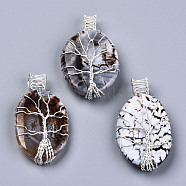 Natural Fire Agate Wire Wrapped Big Pendants, with Silver Color Plated Brass Wire, Oval with Tree of Life, 51~54x28~31x9~14mm, Hole: 4x5~6mm(G-N326-70)