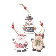 Christmas Theme Wood Big Pendant Decorations, with Hemp Rope & Bead, Santa Claus & Snowman & Reindeer Shapes, Mixed Color, 140~155mm, 9pcs/box, box: about 240x89.5x15mm(HJEW-F010-05)