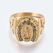 304 Stainless Steel Rhinestone Wide Band Rings, Virgin Mary, Golden, Size 8~13, 18~23mm(RJEW-G092-19)