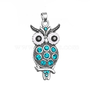 Antique Silver Plated Alloy  Pendants, with Rhinestone and Enamel, Owl, Blue Zircon, 48x24x5mm, Hole: 5x5mm(ALRI-L047-C02-AS)