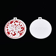 Christmas Spray Painted Wood Big Pendants, with Single-Sided Printed, Flat Round Charm with Floral Pattern, White, 59x55x2.5mm, Hole: 3mm(WOOD-N005-103B)
