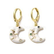 Crescent Moon Real 18K Gold Plated Brass Dangle Leverback Earrings, with Enamel and Cubic Zirconia, White, 29.5x13mm(EJEW-L268-031G-03)