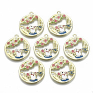 Chinese Style Alloy Pendants, with Enamel, Flat Round with Rabbit, Cadmium Free & Lead Free, Colorful, Light Gold, 30x27x1.5mm, Hole: 1.8mm(X-RESI-R431-10-RS)