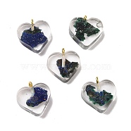 Transparent Resin Natural Chalcopyrite Dyed Chips Pendants, with Golden Tone Brass Loops, Heart Charm, Dark Slate Blue, 16.5x15.5x6~6.5mm, Hole: 2mm(G-E185-12G-12)