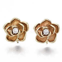 Brass Clear Cubic Zirconia Stud Earring Findings, with Loop, Nickel Free, Flower, Real 18K Gold Plated, 14.5x14.5mm, Hole: 1mm, Pin: 0.7mm(KK-N232-10-NF)