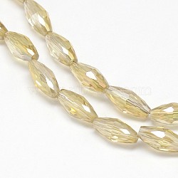 Electroplate Crystal Glass Rice Beads Strands, Faceted, Rainbow Color Plated, Champagne Yellow, 4x9mm, Hole: 1mm, about 58pcs/strand, 20.4 inch(X-EGLA-F042-A08)