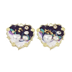 Rack Plating Alloy Enamel Pendants, with Resin, ABS Imitation Pearl Beads, Rhinestone and Glass Beads, Cadmium Free & Nickel Free & Lead Free, Heart, Purple, 47x48.5x8mm, Hole: 2.5mm(FIND-I038-16B)