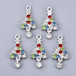 Alloy Colorful Rhinestone Pendants, Cadmium Free & Lead Free, Christmas Tree, Faceted, Silver, 27.5x13x3mm, Hole: 2mm, Tree: 22.5x13x2mm, Charms: 7.5x4.5x3mm(PALLOY-Q441-029-RS)