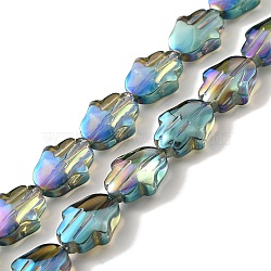 Transparent Electroplate Glass Beads Strands, Rainbow Plated, Hamsa Hand, Medium Aquamarine, 17.8x13.5x7.5mm, Hole: 1.3mm, about 40pcs/strand, 27.95 inch(71cm)(EGLA-F159-FR02)