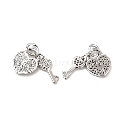 Brass Micro Pave Clear Cubic Zirconia Charms, with Jump Ring, Heart Lock & Key Charm, Platinum, Heart: 13.5x11x1.5mm, Key: 13x6x1.7mm, Hole: 3.5mm(KK-E068-VB177)