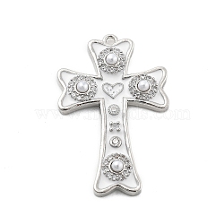 Brass Micro Pave Cubic Zirconia Pendants, Cross with Heart Charms, with Enamel and ABS Plastic Beads, Lead Free & Cadmium Free, Long-Lasting Plated, Platinum, White, 30x19x3.5mm, Hole: 1.4mm(KK-L228-34P-01)