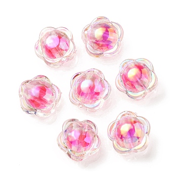 UV Plating Rainbow Iridescent Acrylic Beads, Two Tone Bead in Bead, Flower, Deep Pink, 12x12.5x8.5mm, Hole: 2.5mm