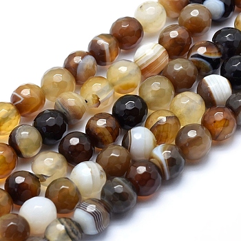 Natural Striped Agate/Banded Agate Beads, Dyed, Faceted Round, Coffee, 14mm, Hole: 2mm, about 28pcs/strand, 15.1:(38.5cm)