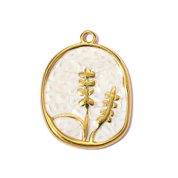 304 Stainless Steel Enamel Pendants, Oval with Wheat Charms, Ion Plating(IP), Mirror Polished Finish, Real 18K Gold Plated, White, 21x16mm, Hole: 1.5mm