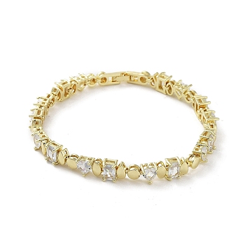 Brass Rectangle & Teardrop & Flat Round Link Chain Bracelets, Cubic Zirconia Tennis Bracelet, Real 18K Gold Plated, 7-5/8 inch(19.4cm)