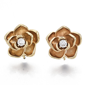Brass Clear Cubic Zirconia Stud Earring Findings, with Loop, Nickel Free, Flower, Real 18K Gold Plated, 14.5x14.5mm, Hole: 1mm, Pin: 0.7mm