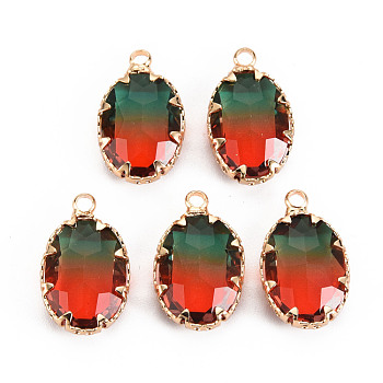 Gradient Color Glass Pendants, with Brass Prong Settings, Faceted, Oval, Light Gold, Orange Red, 19x11x5.5mm, Hole: 1.6mm
