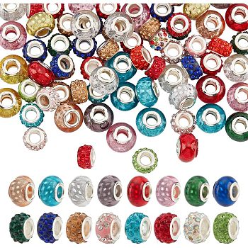 100Pcs 2 Style Polymer Clay Rhinestone & Resin European Large Hole Beads with Silver Color Plated Brass Cores, Rondelle, Mixed Color, 11~14x7~9.5mm, Hole: 5mm, 50pcs/style