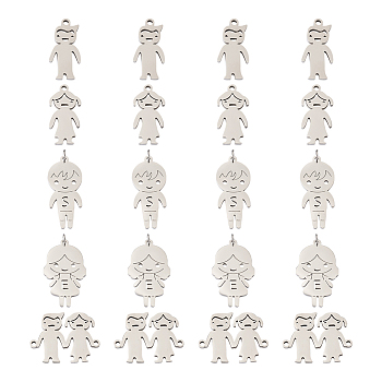 PandaHall Jewelry 20Pcs 5 Style 304 Stainless Steel Pendants & Link Connectors, Laser Cut, Human, Stainless Steel Color, 18.5~26x9.5~23.5x1mm, Hole: 1.4~1.6mm, 4pcs/style