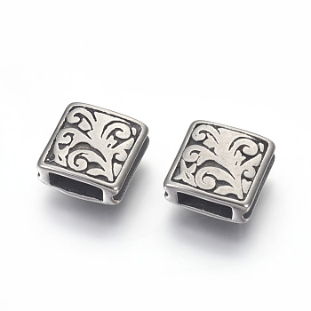 304 Stainless Steel Beads, Grooved Square, Antique Silver, 10x10x4mm, Hole: 2.5x6mm