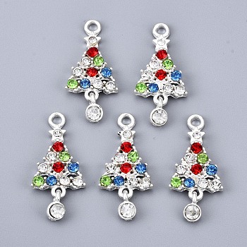 Alloy Colorful Rhinestone Pendants, Cadmium Free & Lead Free, Christmas Tree, Faceted, Silver, 27.5x13x3mm, Hole: 2mm, Tree: 22.5x13x2mm, Charms: 7.5x4.5x3mm
