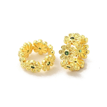 Rack Plating Brass Beads, with Cubic Zirconia, Long-Lasting Plated, Lead Free & Cadmium Free, Rings with Flower, Green, 8x4mm, Hole: 5mm