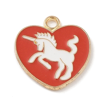 Alloy Enamel Pendants, Light Gold, Heart with Unicorn Charm, Red, 22x20.5x2mm, Hole: 2.3mm