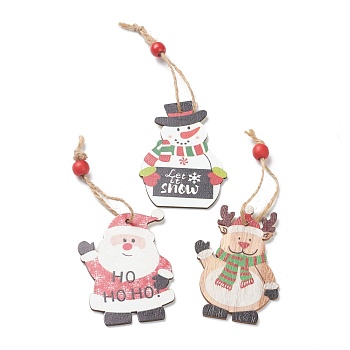 Christmas Theme Wood Big Pendant Decorations, with Hemp Rope & Bead, Santa Claus & Snowman & Reindeer Shapes, Mixed Color, 140~155mm, 9pcs/box, box: about 240x89.5x15mm