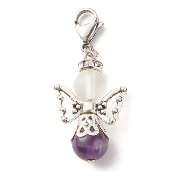 Natural Amethyst Pendant Decorations, with Alloy Findings & 304 Stainless Steel Lobster Claw Clasps, Angel & Fairy, 40mm
