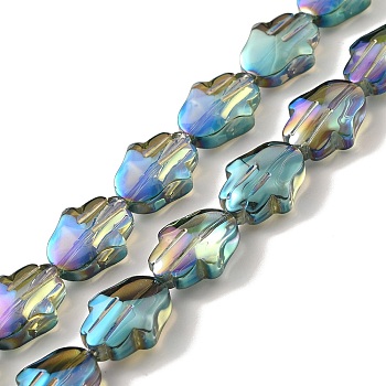Transparent Electroplate Glass Beads Strands, Rainbow Plated, Hamsa Hand, Medium Aquamarine, 17.8x13.5x7.5mm, Hole: 1.3mm, about 40pcs/strand, 27.95 inch(71cm)