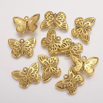 Tibetan Style Alloy Pendants, Lead Free and Cadmium Free, Butterfly, Antique Golden Color, Size: about 17mm long, 25mm wide, 3mm thick, hole: 2mm