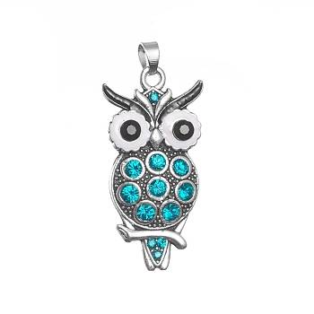 Antique Silver Plated Alloy  Pendants, with Rhinestone and Enamel, Owl, Blue Zircon, 48x24x5mm, Hole: 5x5mm